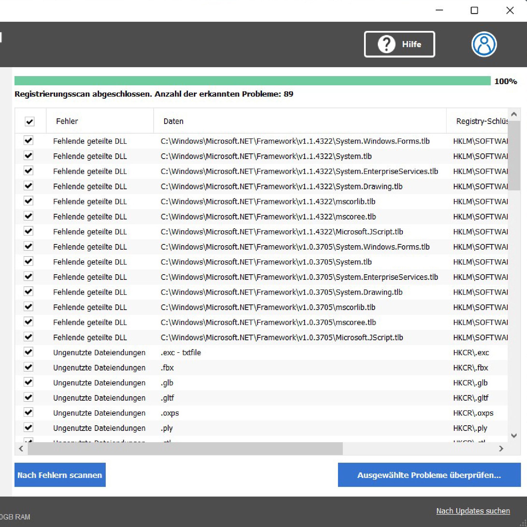 Screenshot Fenster mit aufgezählten und ausgewählten Fehlermeldungen als Liste