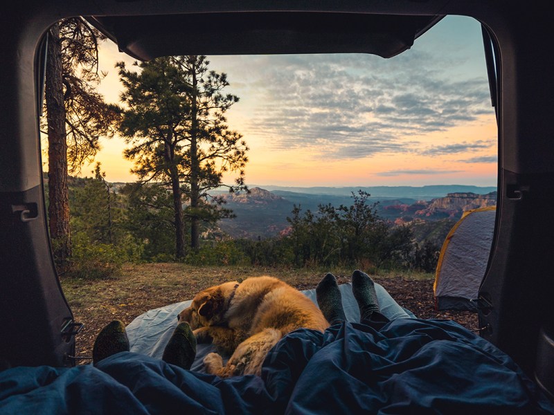 Blick aus offenem CamperVan mit ausgestreckten Beinen und schlafendem Hund, vor Bergkulisse mit Sonnenuntergang