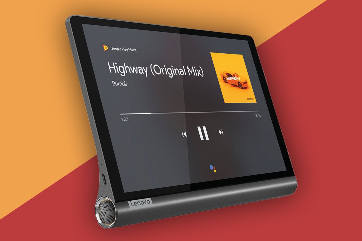 Dunkles Lenovo Tablet schräg von der Seite mit geöffnetem Musikplayer vor orange rotem Hintergrund