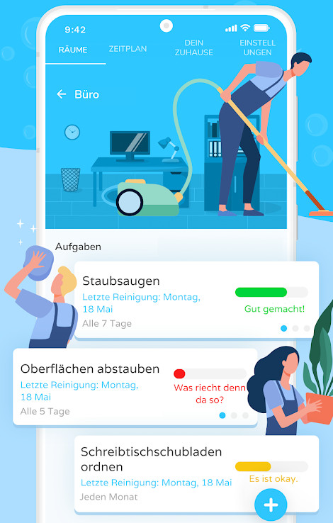 Blaue Grafik mit bunten Figuren, die verschiedene Hausarbeiten erledigen