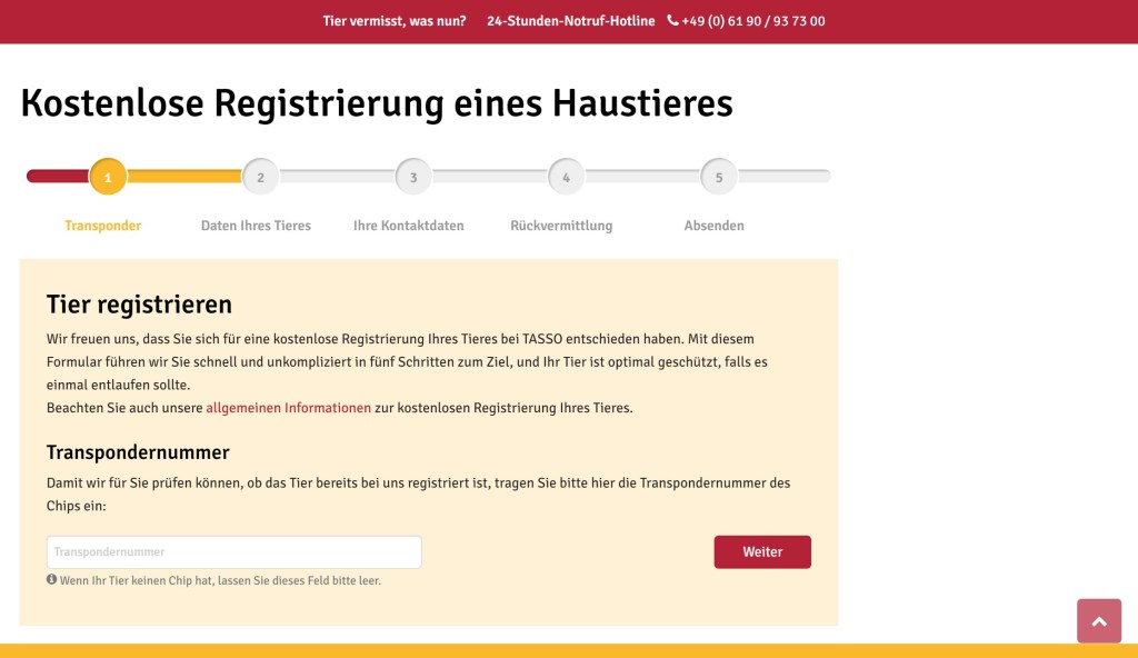 Tassos Website, auf der die ersten Schritte angezeigt werden, um den Hund zu registrieren.