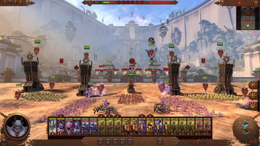 Screenshot von Total War: Warhammer 3 verschiedene Figurengruppen auf Feld umgeben von Mauern