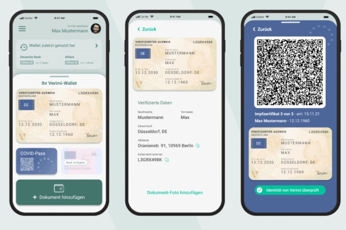 Drei Smartphones nebeneinander zeigen App mit Personalausweis und QR Code