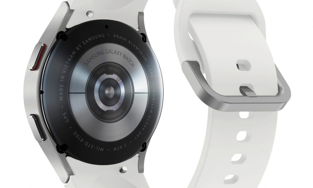 Weiße Smartwatch mit geschlossenem Band und Gehäuse von hinten