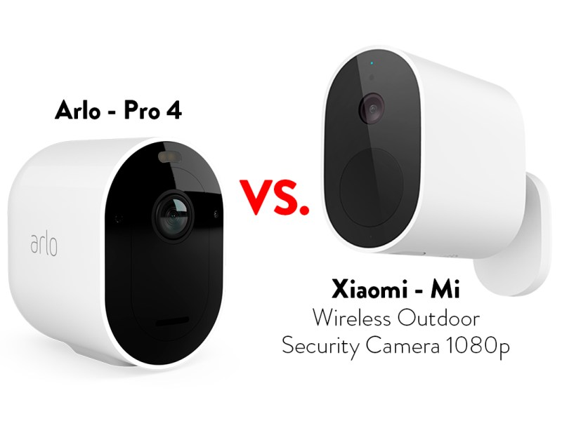 Zwei weiße Ovale Überwachungskameras kabellos auf weißem Hintergrund mit Modellbezeichnung Arlo Pro 4 und Xiaomi Mi