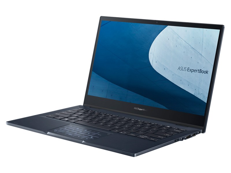 Aufgeklapptes schwarzes Asus Expertbook schräg von vorne mit blauem Bildschirm auf weißem Hintergrund