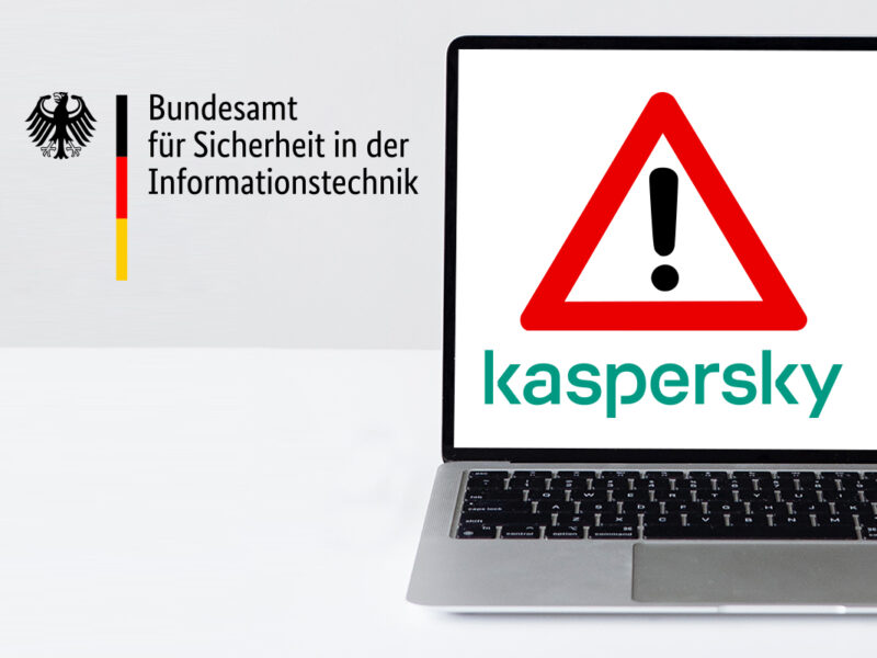 BSI Logo und ein Notebook-Screen mit Achtung Schild und Kaspersky Logo