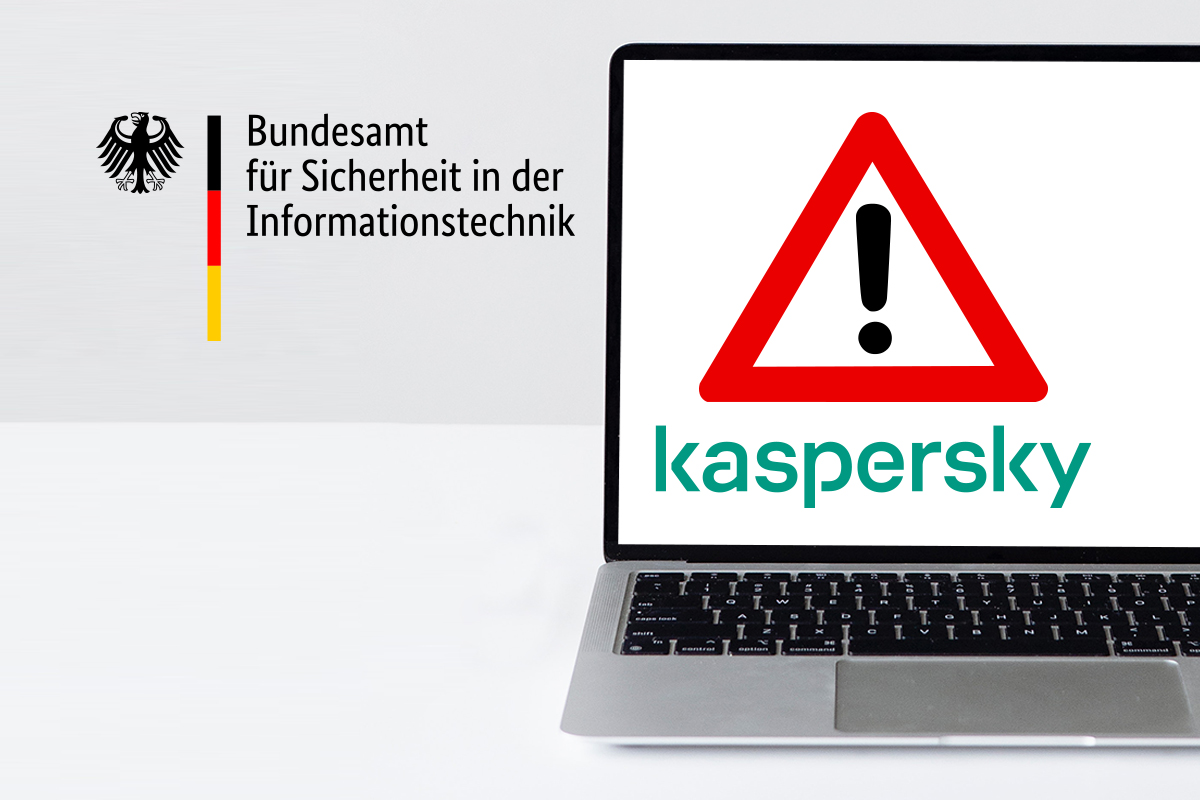 BSI Logo und ein Notebook-Screen mit Achtung Schild und Kaspersky Logo