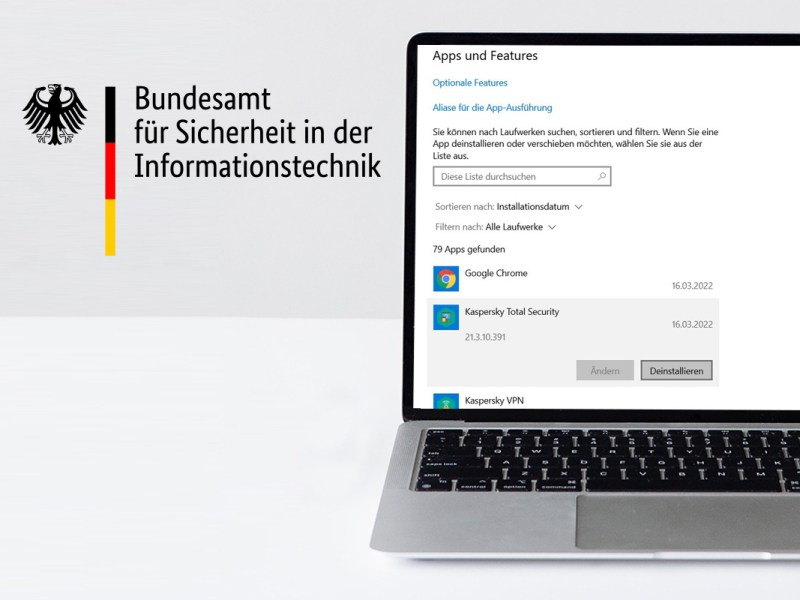 BSI Logo und ein Notebook-Screen mit Achtung Schild und Kaspersky -Deinstallation
