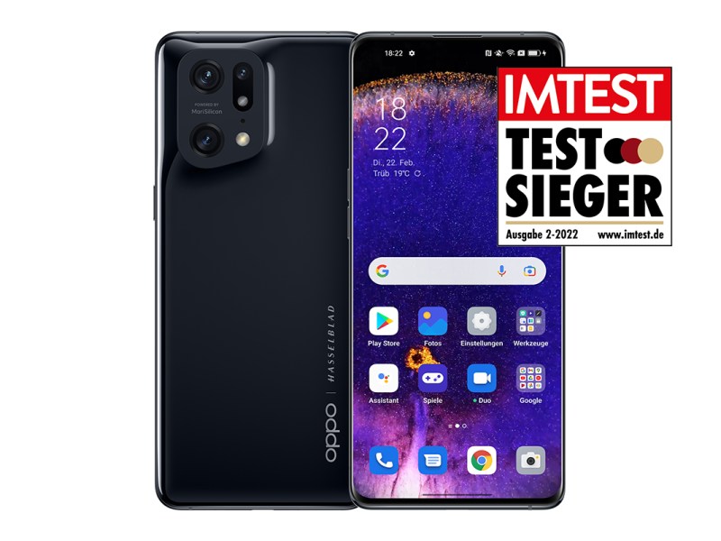 Oppo Find X5 Pro, Vorder- und Rückseite mit Testsieger Siegel IMTEST Ausgabe 2/2022