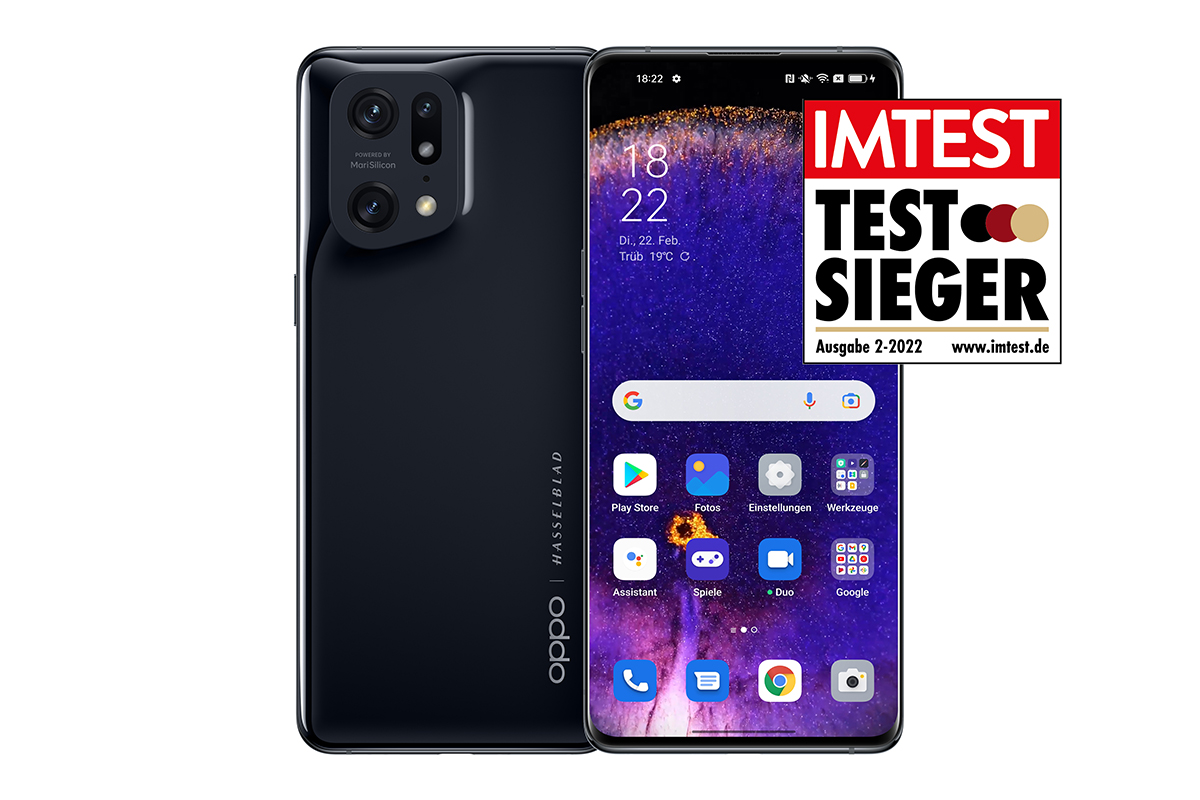 Oppo Find X5 Pro, Vorder- und Rückseite mit Testsieger Siegel IMTEST Ausgabe 2/2022