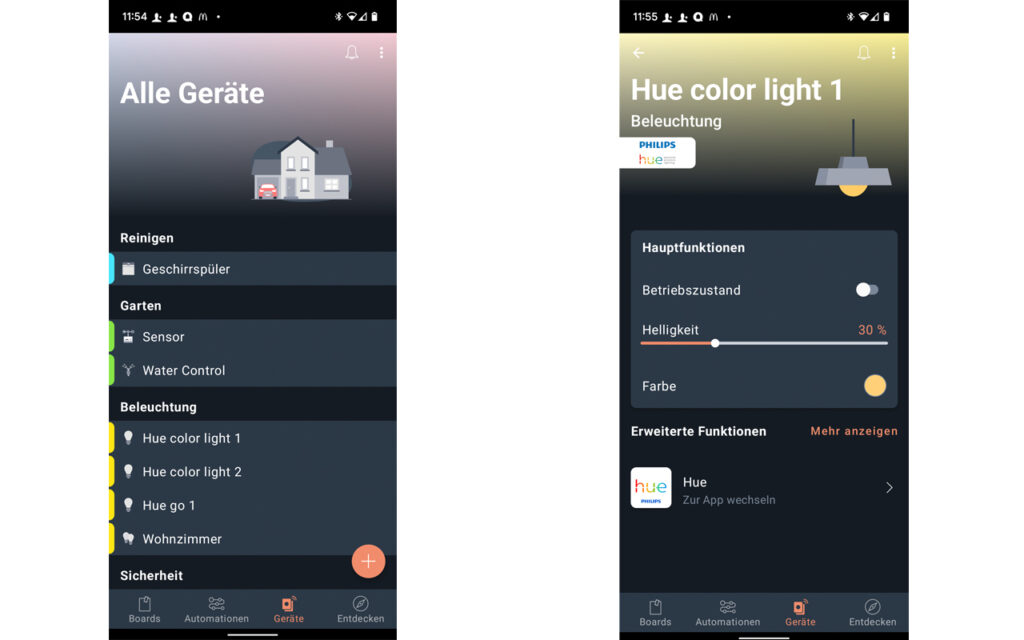App-Screenshots aus Home Connect Plus, die eine Liste von Geräten und die Einstelloptionen für ein Leuchtmittel zeigen