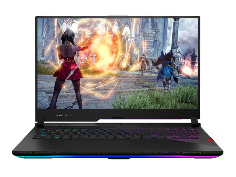 Aufgeklapptes Asus ROG Strix Gaming-Notebook in Schwarz zeigt Szene aus Spiel