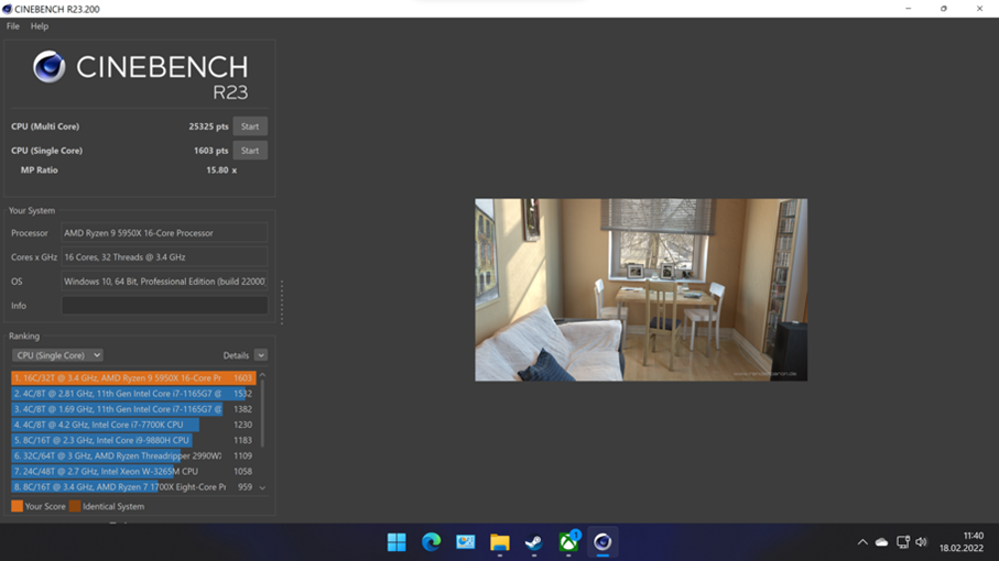 Screenshot dunkles Programmfenster Cinebench mit Zahlen und Bild