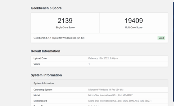 Screenshot helles Programmfenster Geekbench mit Zahlen