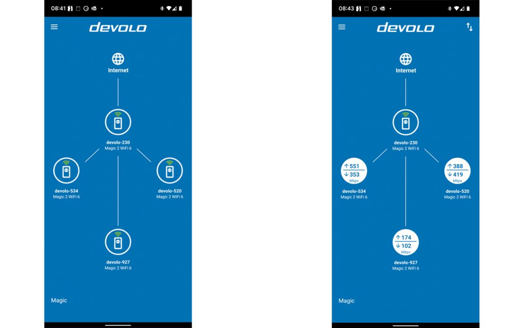 Zwei App-Screenshots, die die Struktur mit vier Devolo Magic 2 Mesh Repeatern darstellen