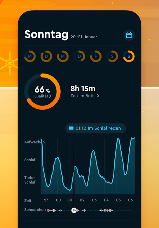 Teléfono inteligente que muestra una revisión del ciclo de sueño sobre un fondo naranja
