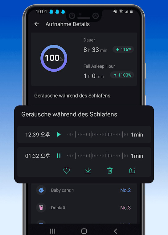El teléfono inteligente en un fondo azul muestra grabaciones de ruido de Sleep Monitor