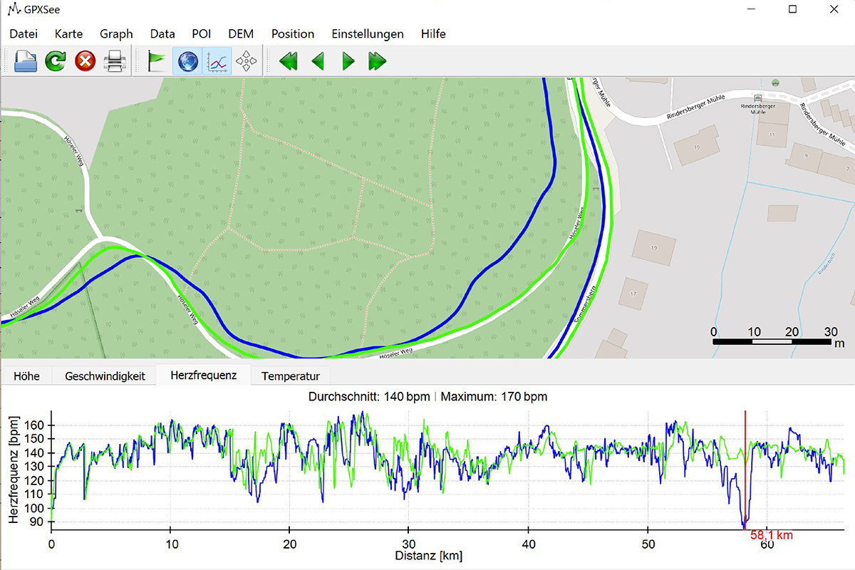 Screenshot Kartenauszug mit Route und darunter Diagramm