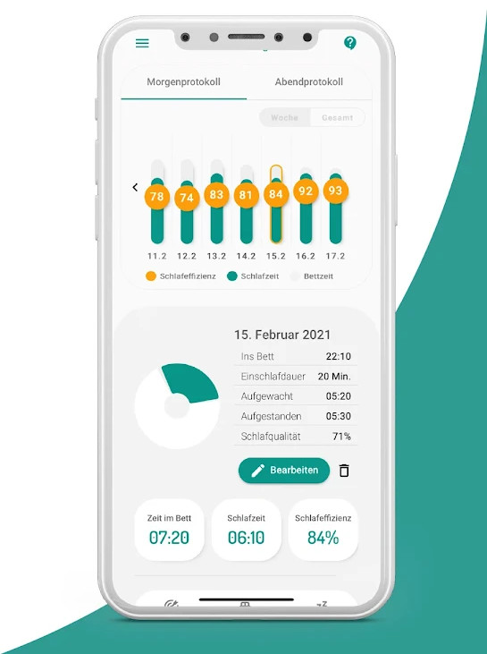 Smartphone mit geöffneter Schlaf-App Somnio zeigt Schlaftagebuchfunktion mit Werten