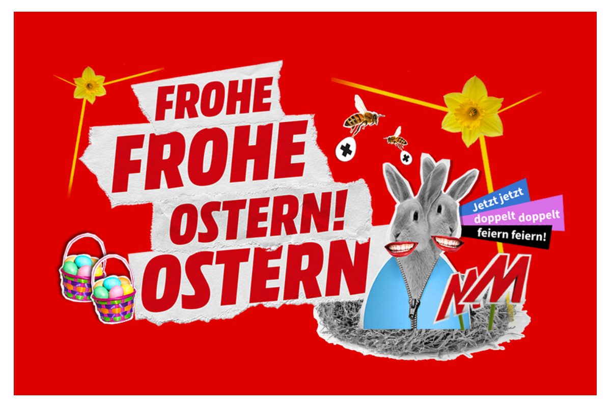 Media Markt-Aktion: Frohe Ostern Headline mit Hasen, Blumen und Ostereiern