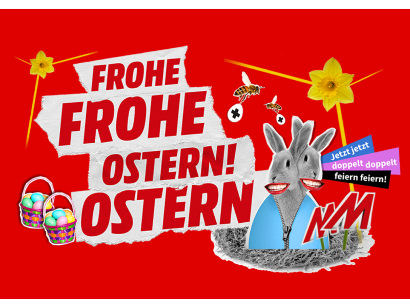 Media Markt-Aktion: Frohe Ostern Headline mit Hasen, Blumen und Ostereiern