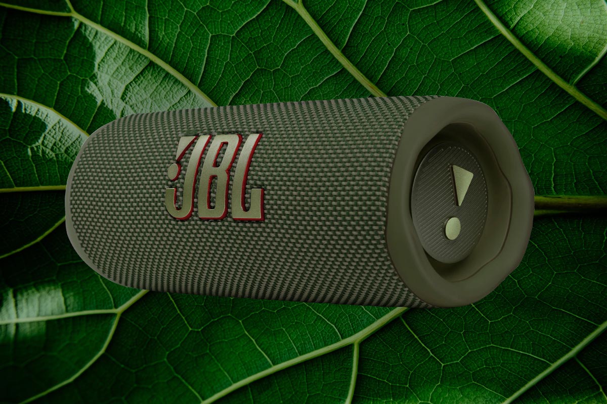 grüne JBL Flip 5 Eco Box schräg von vorne vor grünem Blatt