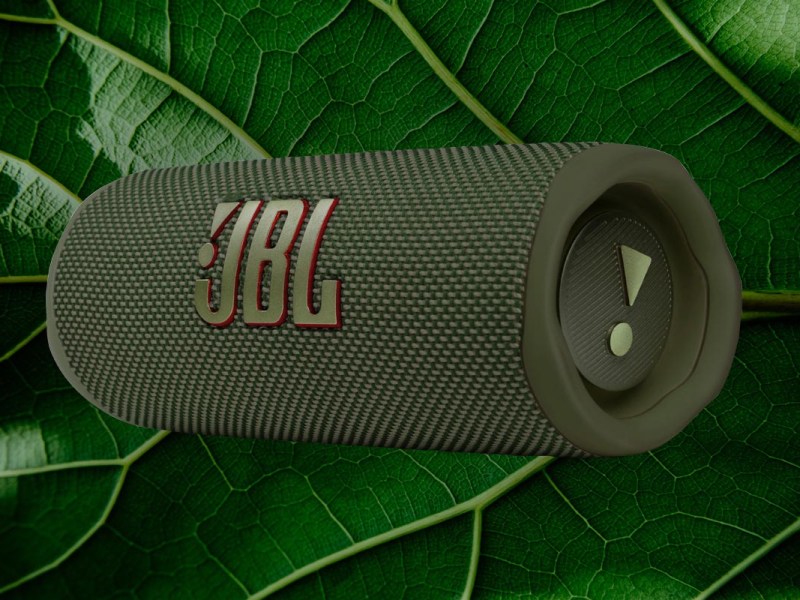 grüne JBL Flip 5 Eco Box schräg von vorne vor grünem Blatt