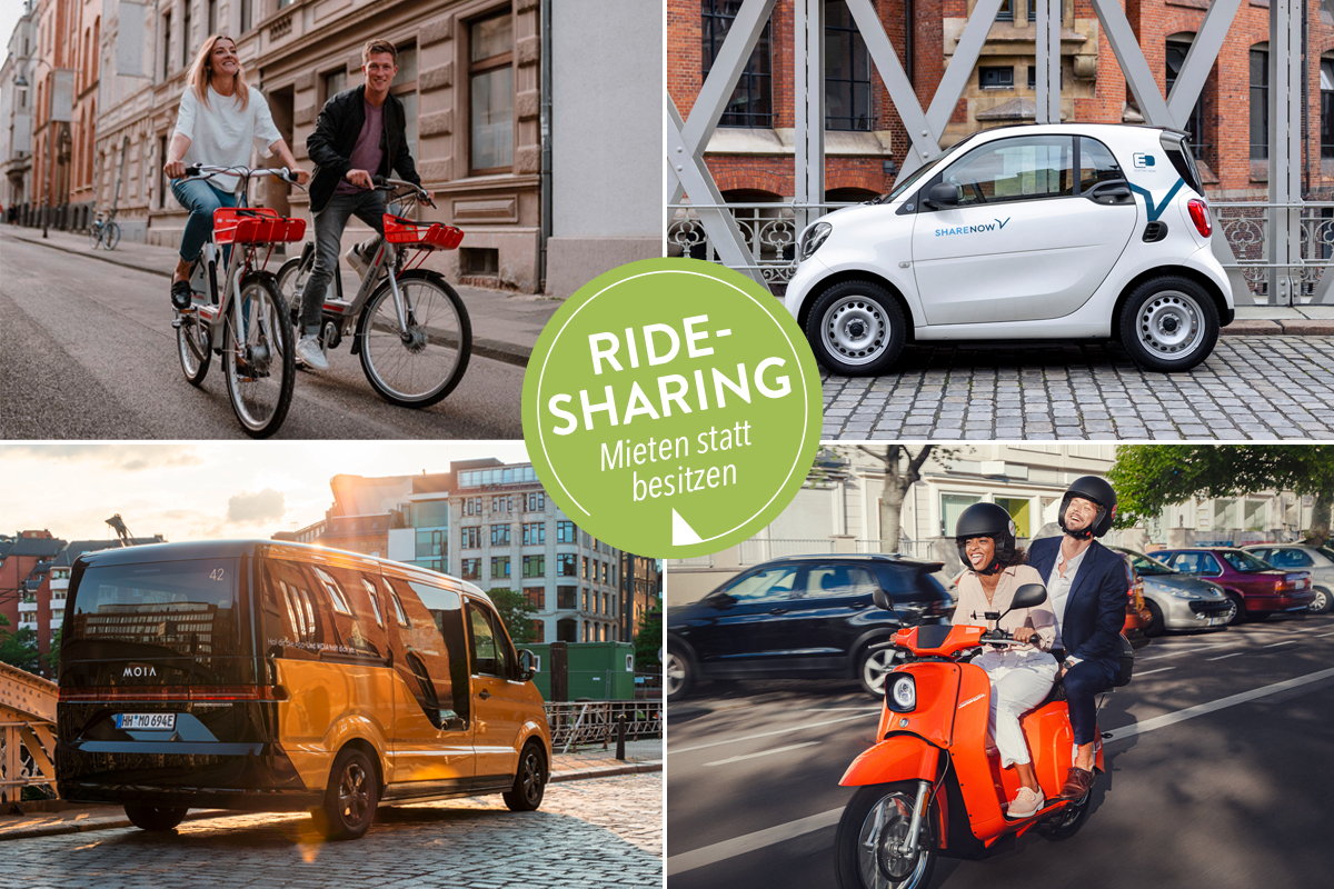 Verschiedene Ridesharing-Modelle bei der Praxisnutzung im Stadtverkehr: Fahrradfahrer, Leihautos für Carsharing, Motorroller, Sammeltaxi.