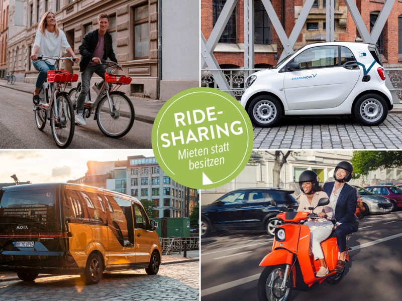 Verschiedene Ridesharing-Modelle bei der Praxisnutzung im Stadtverkehr: Fahrradfahrer, Leihautos für Carsharing, Motorroller, Sammeltaxi.