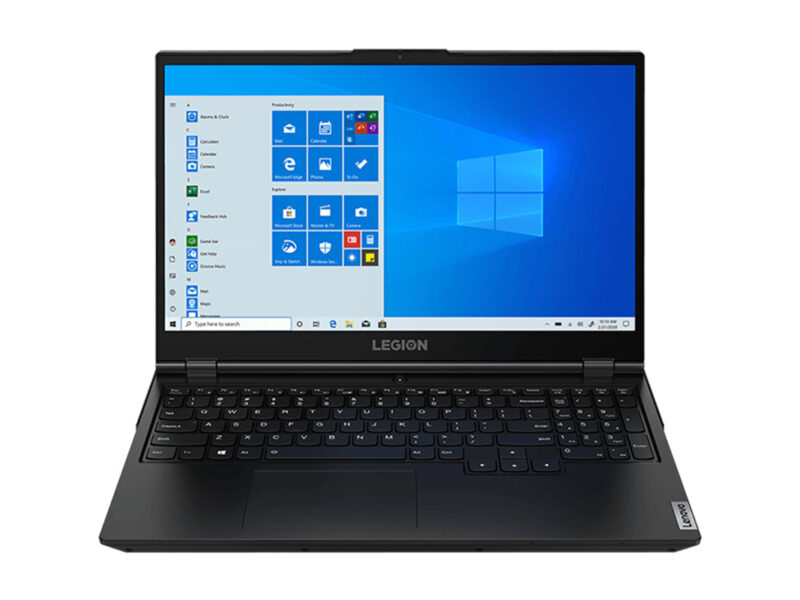 Schwarzes aufgeklapptes Lenovo Legion 5 Notebook zeigt Startbildschirm auf weißem Hintergrund