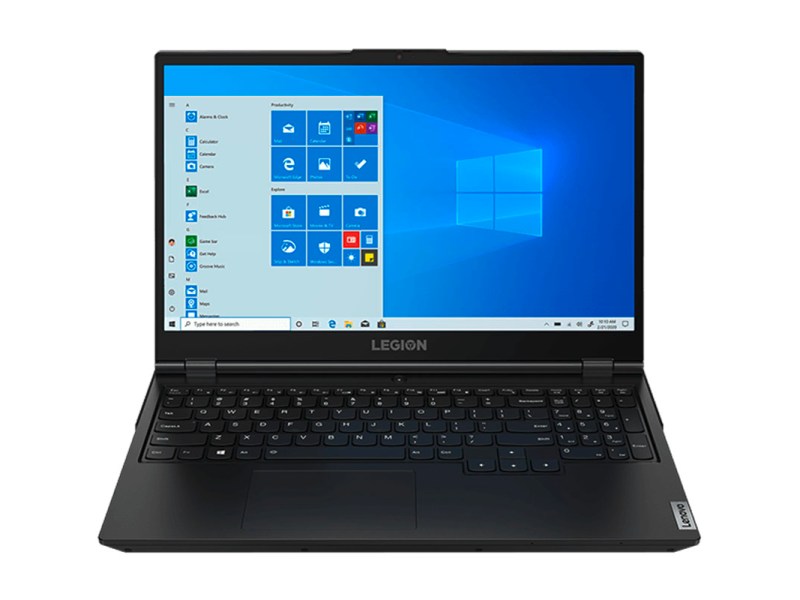 Schwarzes aufgeklapptes Lenovo Legion 5 Notebook zeigt Startbildschirm auf weißem Hintergrund