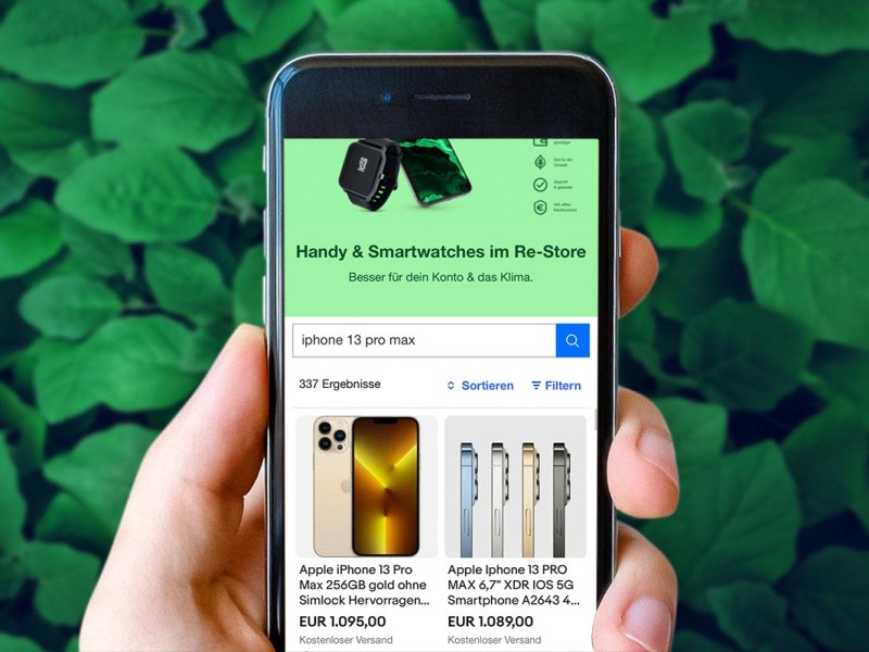 Ein Ebay-Re-Store Screenshot vor grünem natürlichen Hintergrund. Gebrauchte refurbished Smartphones kaufen.