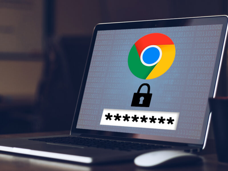 Notebook mit Passworteingabe darüber ein Schloss und das Google Chrome-Logo
