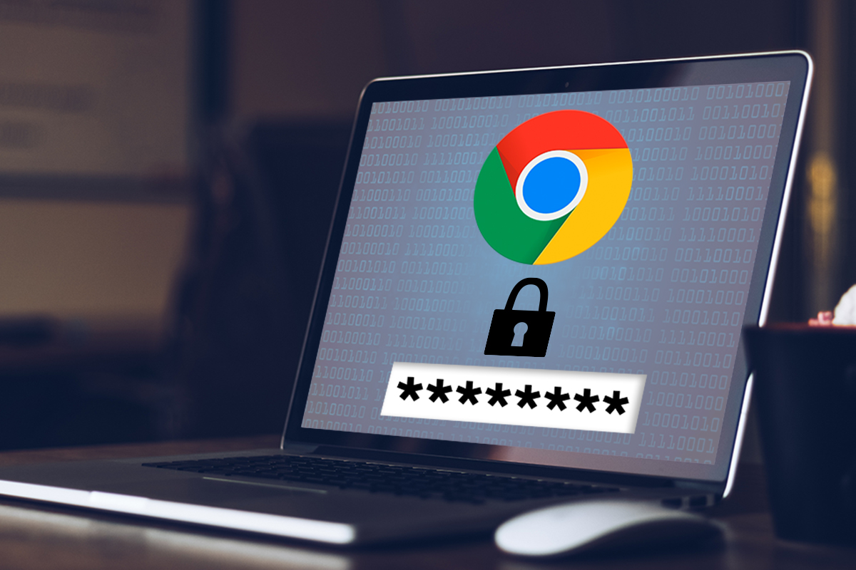Notebook mit Passworteingabe darüber ein Schloss und das Google Chrome-Logo