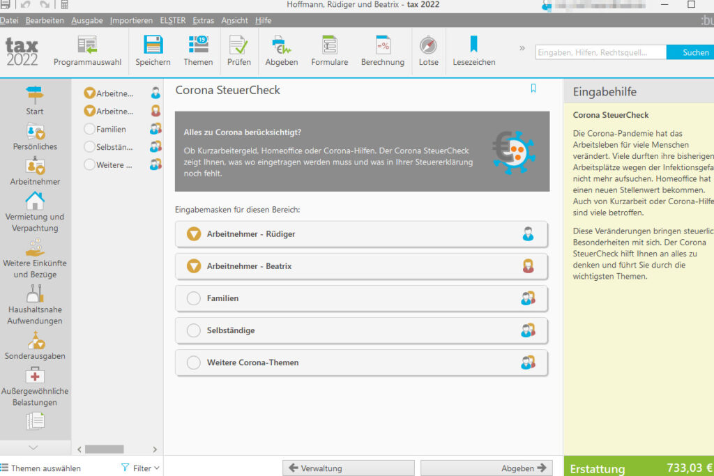 Screenshot Steuersoftware mit Corona-Bonus