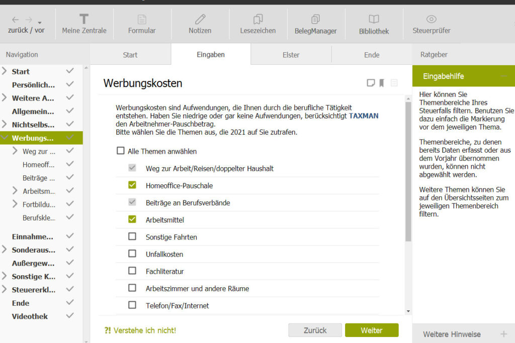 Screenshot Steuersoftware mit grün weißem Fenster und Checkbox zum Ausfüllen