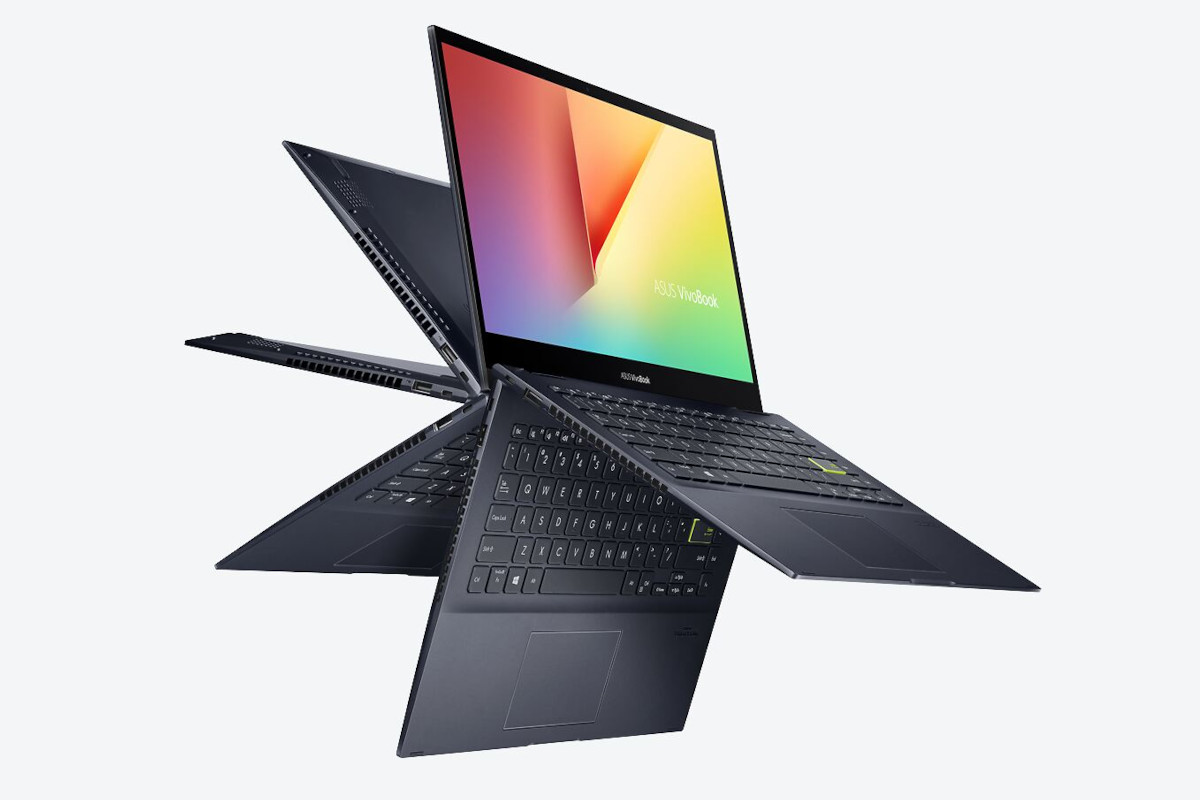 Dunkles Asus Vivobook Flip 14 mit buntem Bildschirm in mehreren Variationen aufgeklappt vor grauem Hintergrund