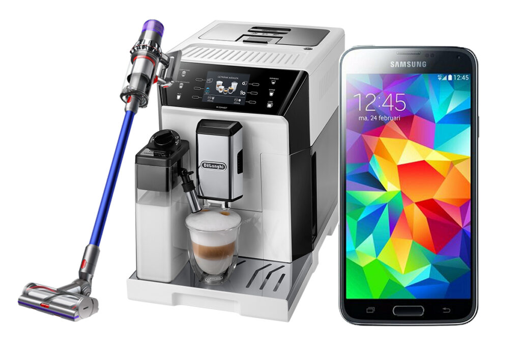 Ein Staubsauger von Dyson, ein Smartphone von Samsung und eine Kaffeemaschine von DeLonghi