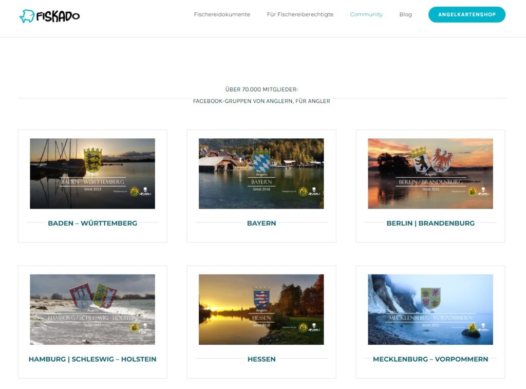 Screenshot Seite Fiskado mit Bildern und Links zu Facebookgruppen nach Bundesland