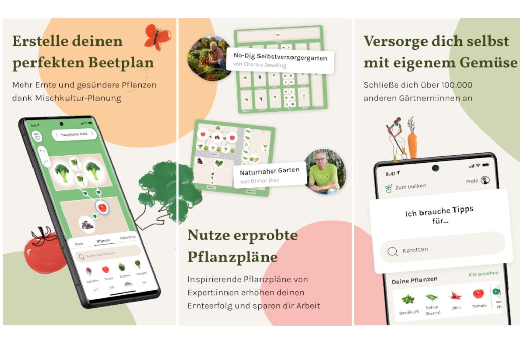 Grafik in drei Bereiche unterteilt mit Screenshots und Erklärungen zur Gemüsebeet-App Fryd in Pastellgrün und orange