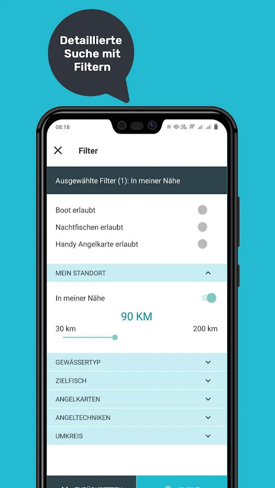 Smartphone zeigt Hejfish-App auf türkisem Hintergrund mit schwarzer Sprechblase oben