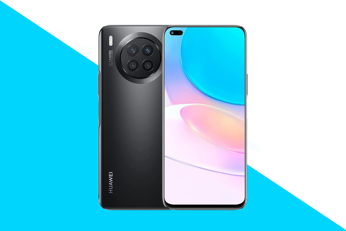 schwarzes Huawei Smartphones als Deal des Tages mit Rückseite und Vorderseite, Bildschirm zeigt blau rosa Farben, vor blau weißem Hintergrund