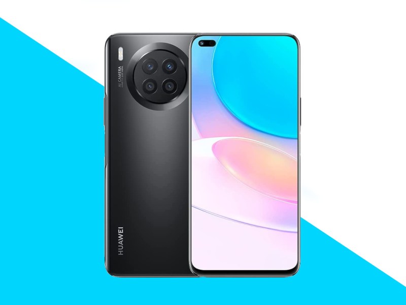 schwarzes Huawei Smartphones als Deal des Tages mit Rückseite und Vorderseite, Bildschirm zeigt blau rosa Farben, vor blau weißem Hintergrund
