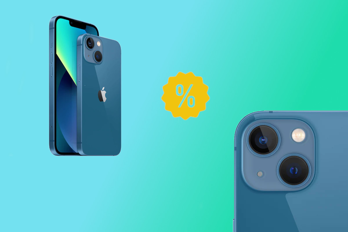 Blaues iPhone 13 mit Kamera aus linke Ecke ragend und von vorne und hinten schräg von der Seite oben links mit gelben Prozentzeichen in der Mitte und blau grünem Farbverlauf