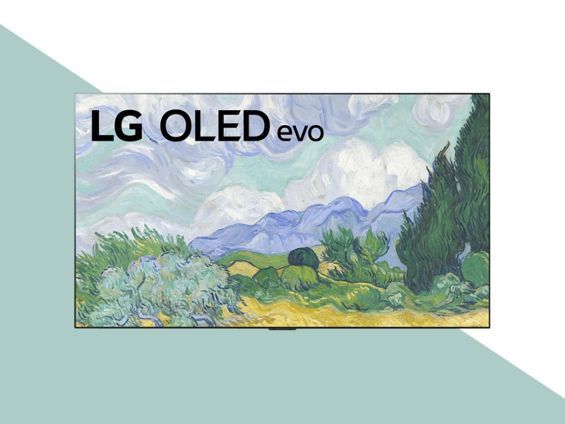 LG G19LA zeigt Auqarell-Landschaftsbild und Schriftzug LG OLED evo, auf mintgrünem weißen Hintergrund