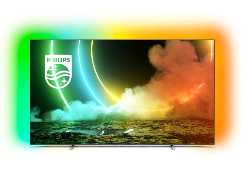 Philips OLED 706 TV mit buntem Bild und bunter Hintergrundbeleuchtung auf weißem Hintergrund