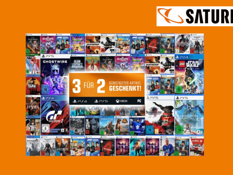 Collage an verschiedensten Videospielen um Kasten in der Mitte in dem steht "3 für 2 günstigster Artikel geschenkt"; außen herum orange mit Saturn Logo rechts oben