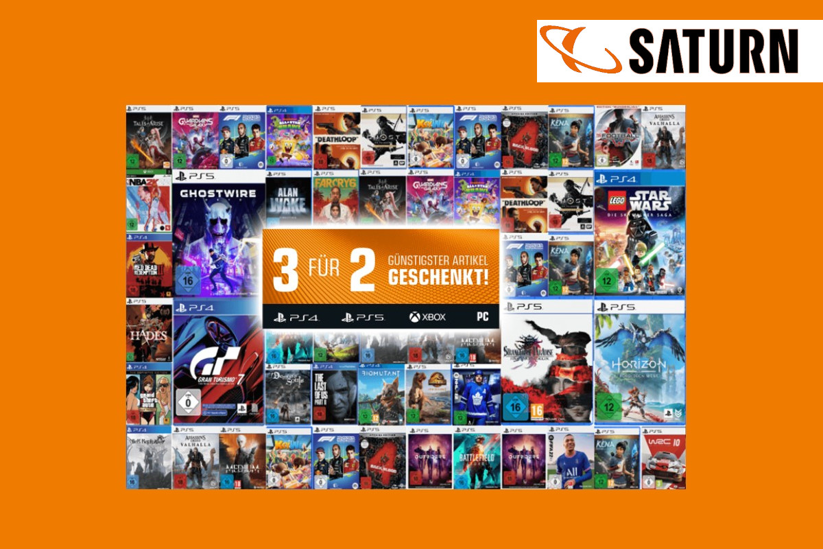 Collage an verschiedensten Videospielen um Kasten in der Mitte in dem steht "3 für 2 günstigster Artikel geschenkt"; außen herum orange mit Saturn Logo rechts oben