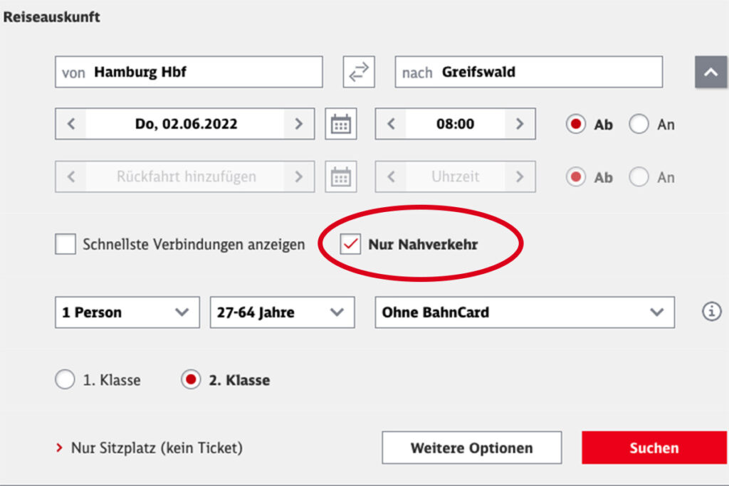 Ein Screenshot der Suchmaske der Deutschen Bahn mit dem Häkchen bei "Nur Nahverkehr".